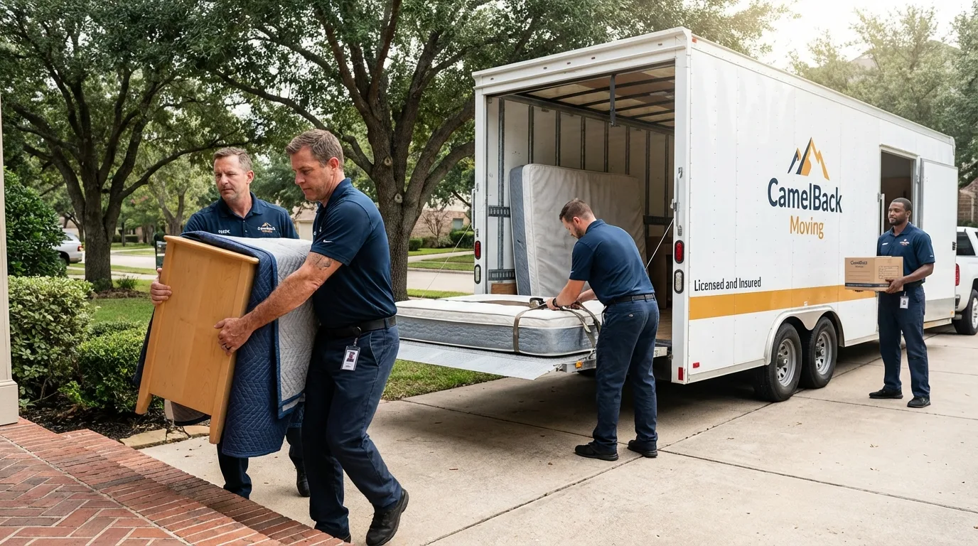 Crew loading residential truck for cross-state move from McLoud, OK