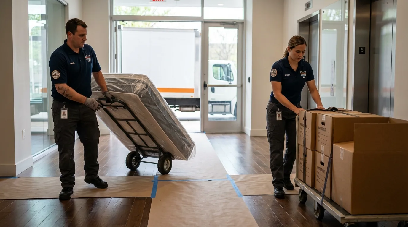 Professional apartment movers loading elevator in McLoud, OK